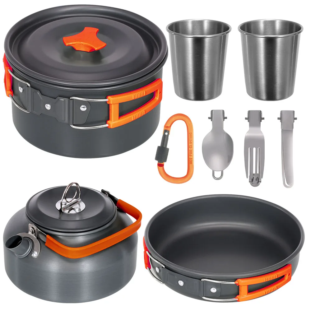

Camping Cookware Set Lightweight Portable Pan Kettle Cups Spoon Fork Cutter for Picnic Hiking