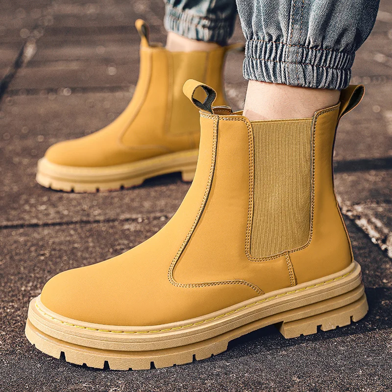 Fashion Yellow Mens Chelsea Boots Leather Autumn Winter Ankle Boots Comfort Platform Boots Men High Safety Shoes bota masculina