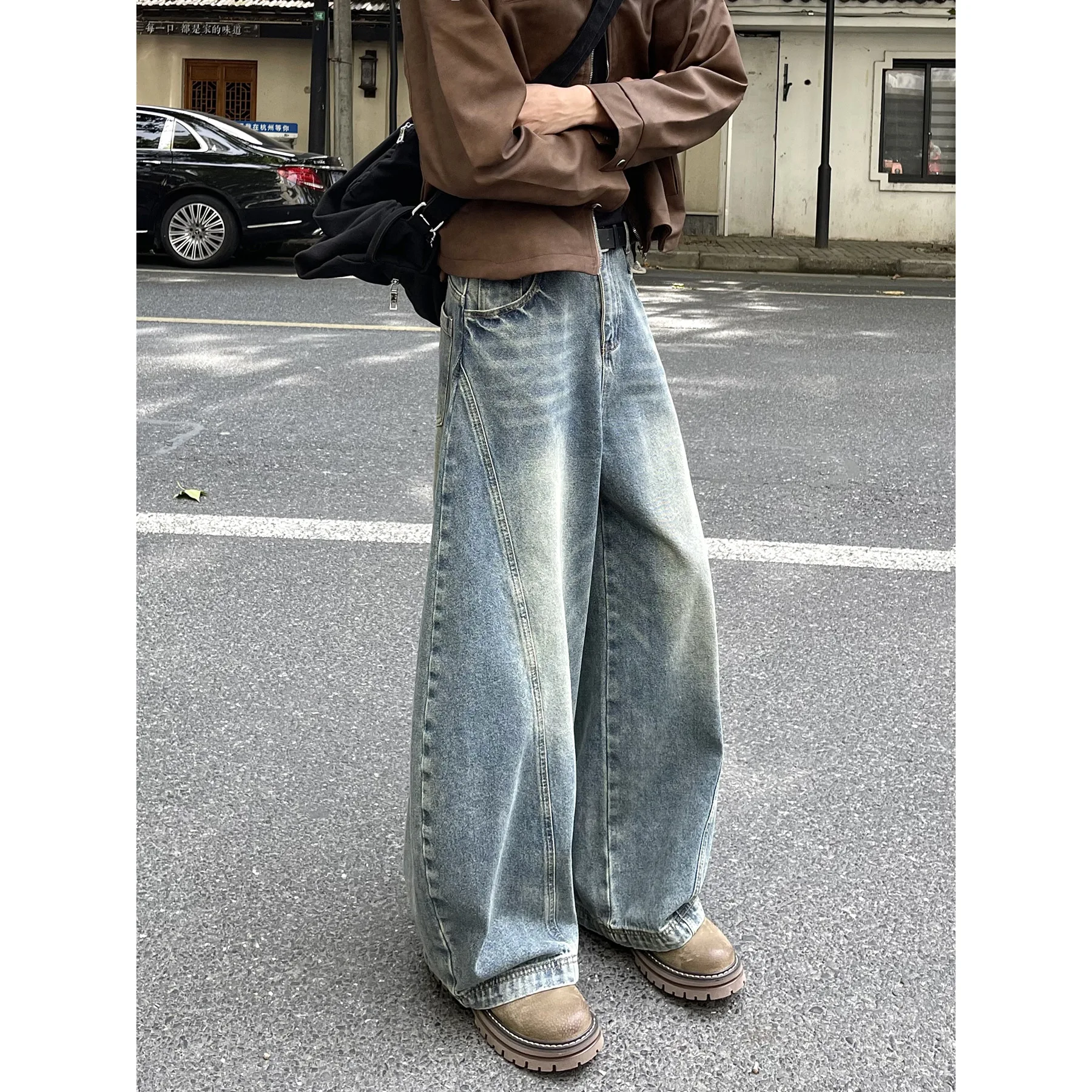 アメリカンレトロワイドレッグメンズジーンズルーズストレートクリーンフィットバナナパンツデザインセンセーションユーストレンド