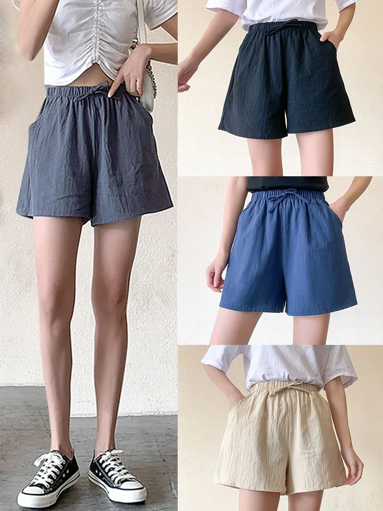 Women Cotton Linen Shorts Summer Casual Solid Color Two Pockets Wide Leg Shorts Female Loose High Waist Soprts Basic Short Pants
