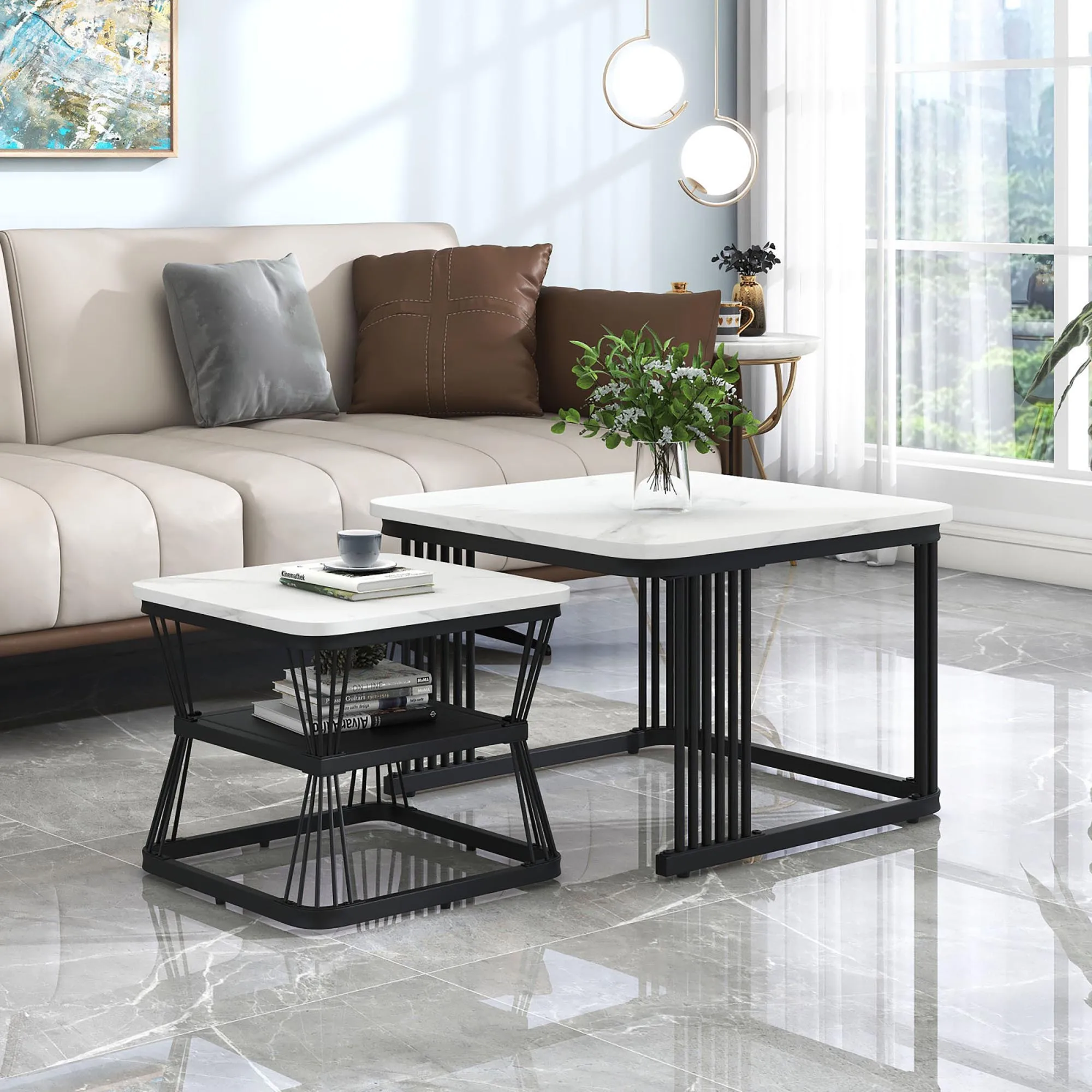 Set of 2 Modern Side Tables, PVC in Marble Look Living Room Tea Room, Coffee Table with Storage Shelf 65x65x45cm 45x45x39.5cm