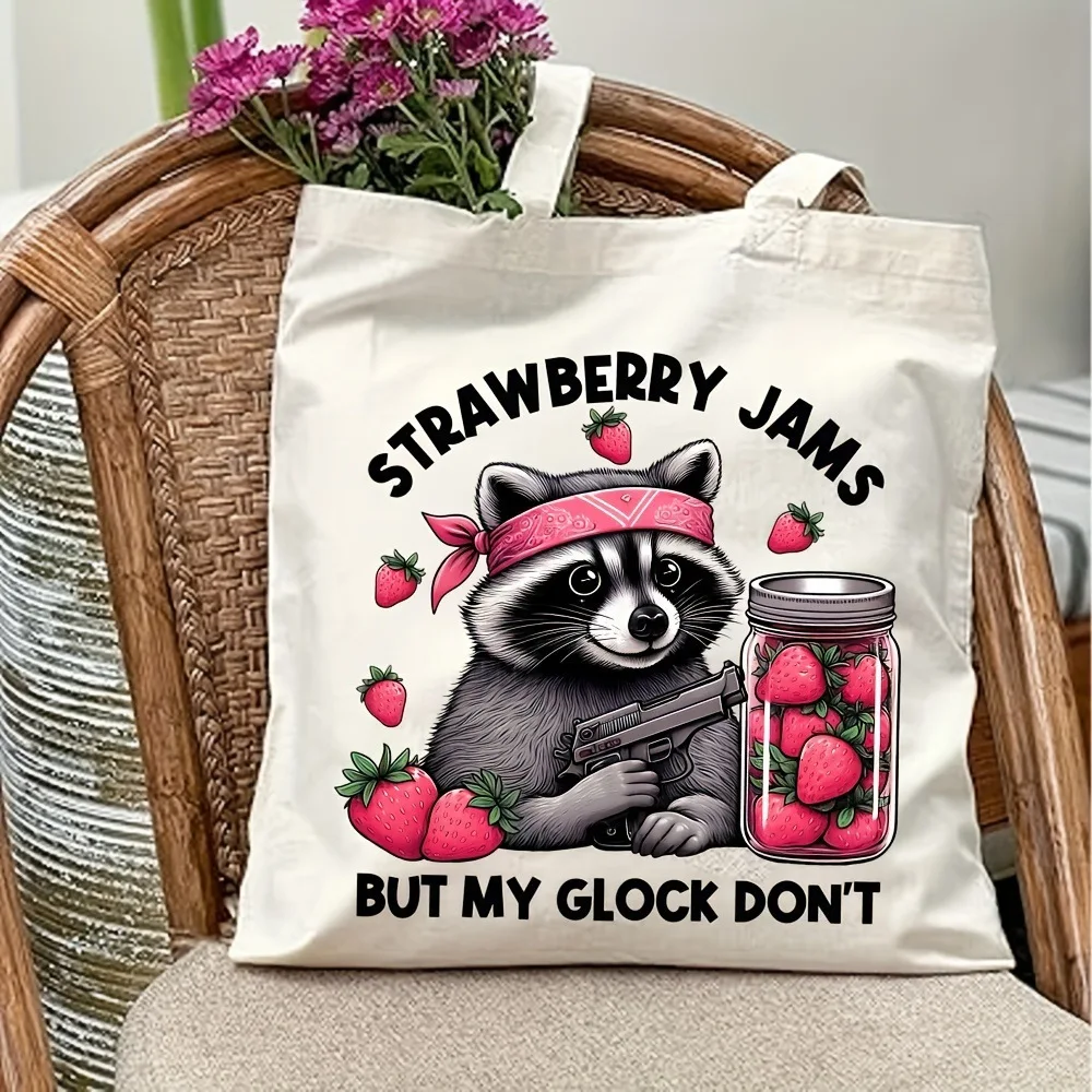 10pcs fun tote bags with strawberry and raccoon prints, large-capacity fashionable canvas bags