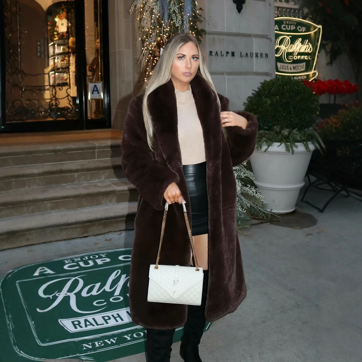 Women's winter clothing Long faux fur coat green fruit collar imitation fur mink coat extended environmentally friendly fur coat