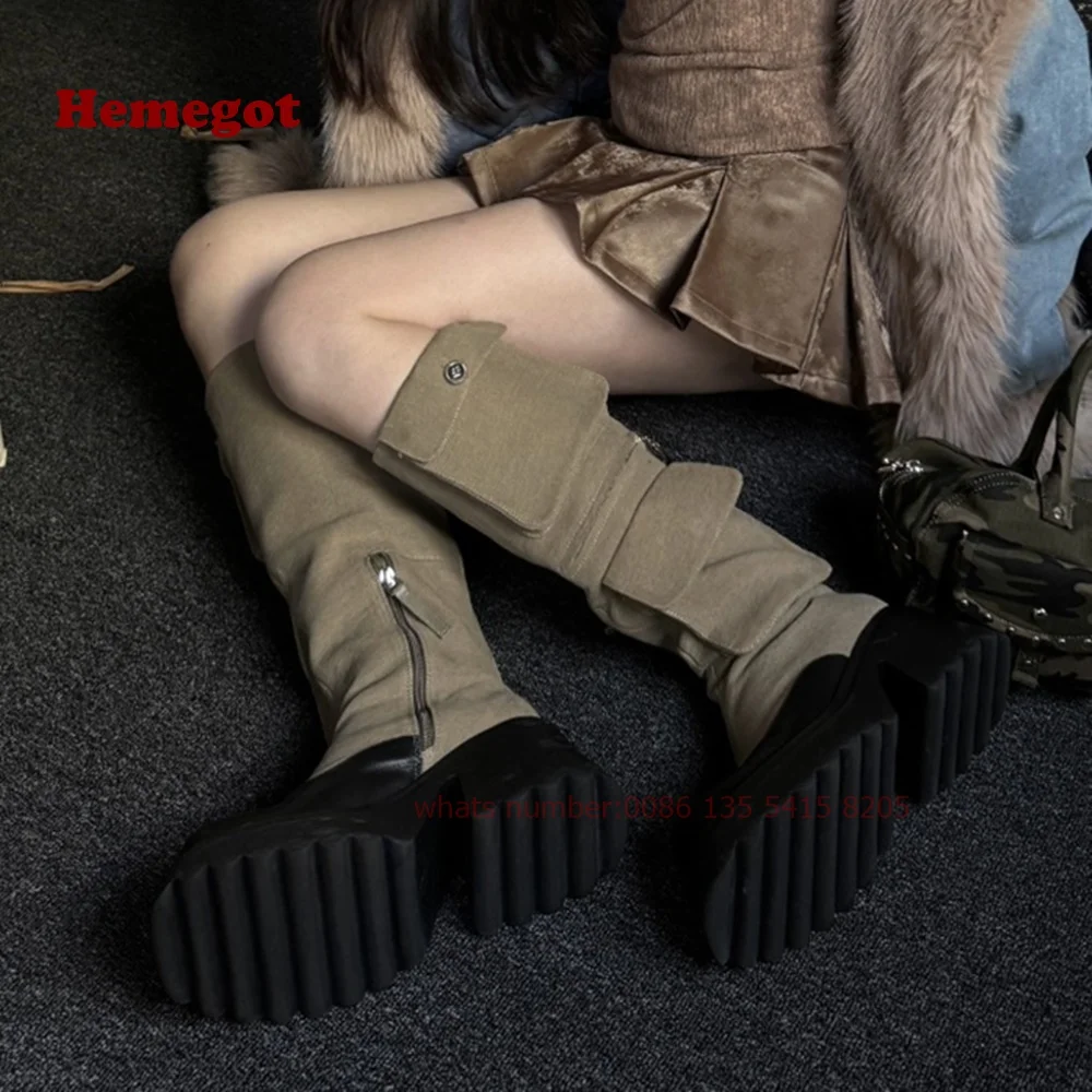 

Pocket Thick Soled Knee High Boots Side Zipper Chunky Heels Round Toe Platform Luxury Women's Boots Casual Patchworm Winter Shoe