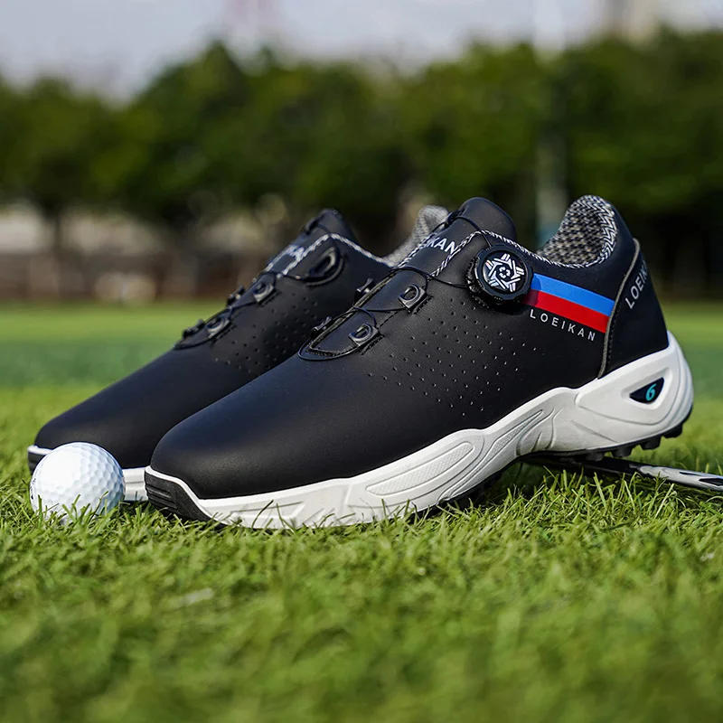 

Men Rotary Buckle Spiked Golf Shoes Waterproof Leather Non Slip Outdoor Sports Sneakers Black White