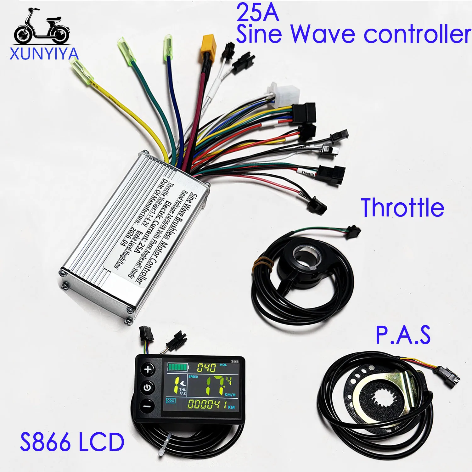 36V 48V 60V 350-500W Sine Wave Brushless Motor Controller 25A S866 Color LCD Display PAS Throttle Kit for E-Scooter Bike Repair