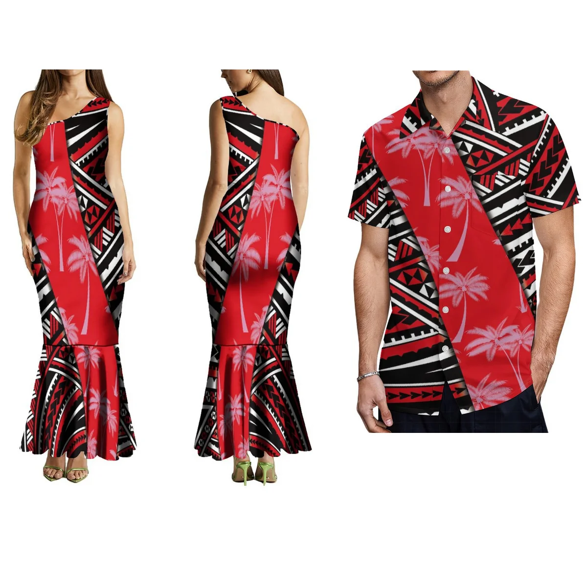 

2024 New Design Diagonal Shoulder Mermaid Slim Dress Custom Polynesian Pattern Printed Couple Suit Men'S Casual Shirt