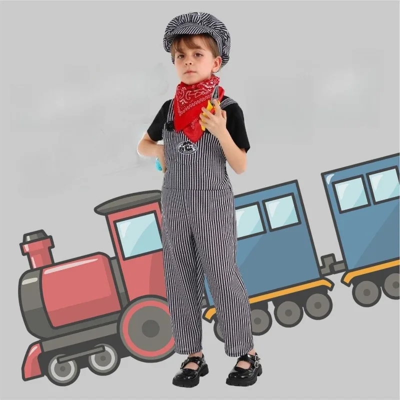

Boys Girls Railroad Train Engineer Cosplay Costume Unisex Overalls Outfits Halloween Party Performance Train Conductor Wear Suit
