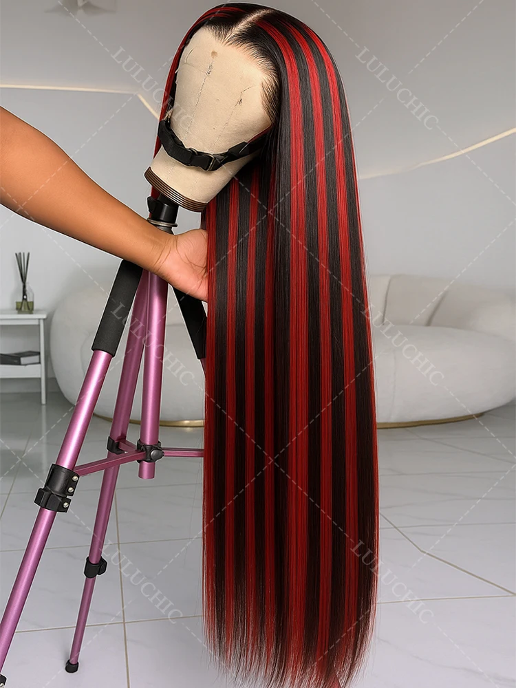 

Black With Red Colored Wigs Highlight Bone Straight 5x5 Glueless Wig Human Hair Ready To Wear Brazilian Pre Plucked Burgundy Wig