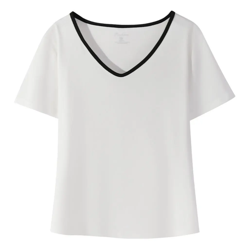 

Ladies Color Block V-Neck T-Shirt Lyocell Fragrant Skin-Care Pure Cotton Inner Wear Fashionable Moisture-Wicking Simple Stylish