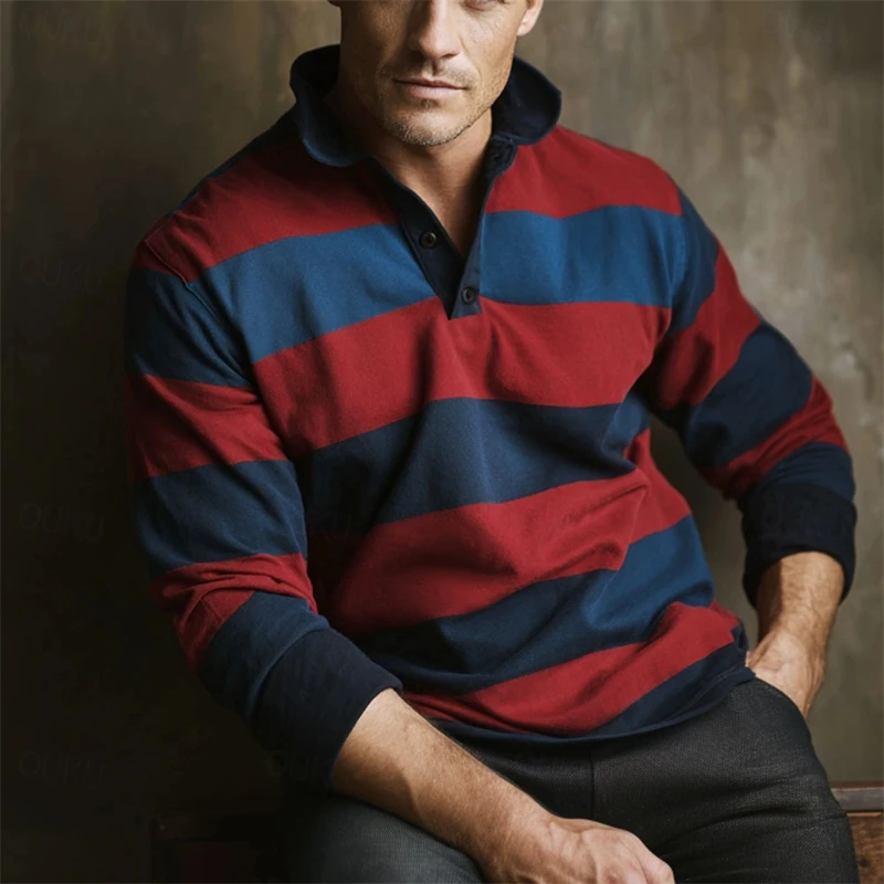 Casual Striped Graphic Polo Shirts For Men Simple Autumn Business 3D Printed Long Sleeve Golf Polo Loose Breathable Lapel Tops