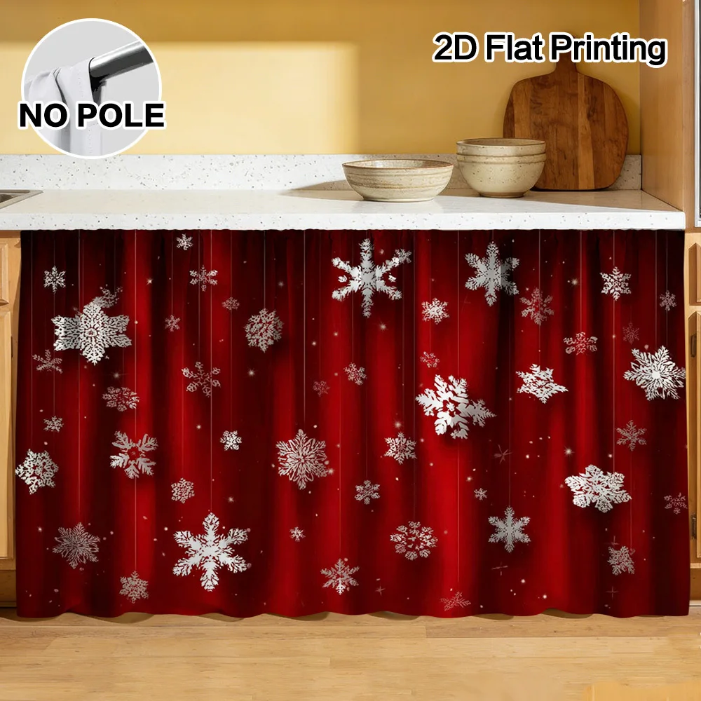 VIKAMA Soft Warm Red Snowflakes Kitchen Cabinet Curtain Rod Pocket Window Valance Sink Skirt Tier Panel Christmas Decor
