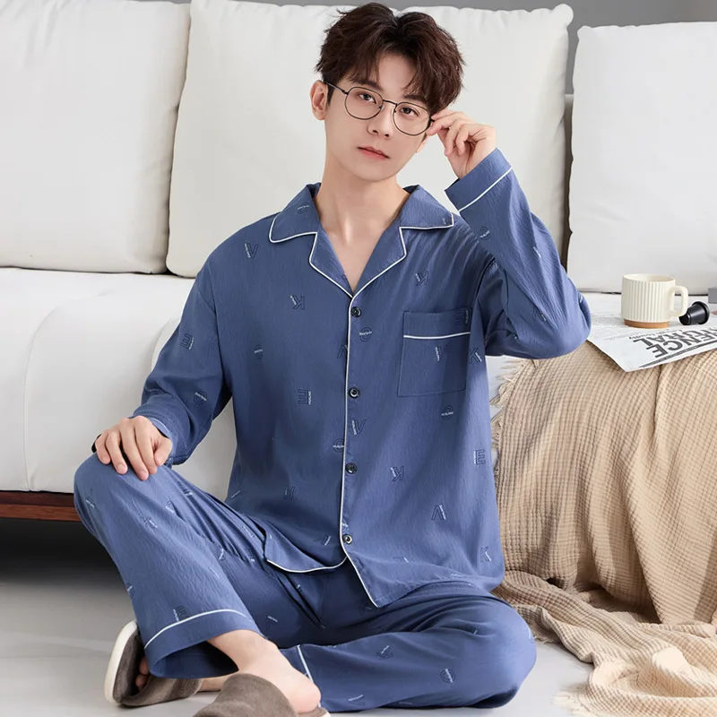 

New Cloud Cotton Pajamas for Men, Autumn Thin Long-Sleeve and Long Pants, Plus Size, Simple Jacquard, Ins Style Homewear Set