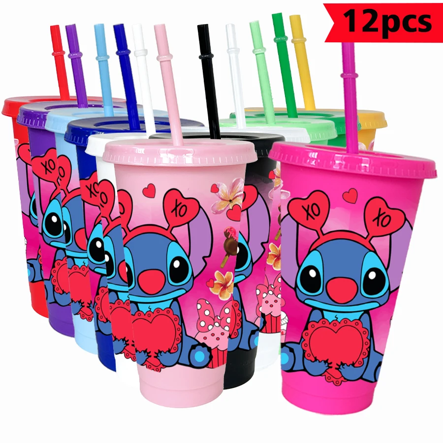 

12Pcs/pack Disney Stitch Love 26oz Color Plastic Tumbler Birthday Party Drinking Utensils Juice Coffee Mug