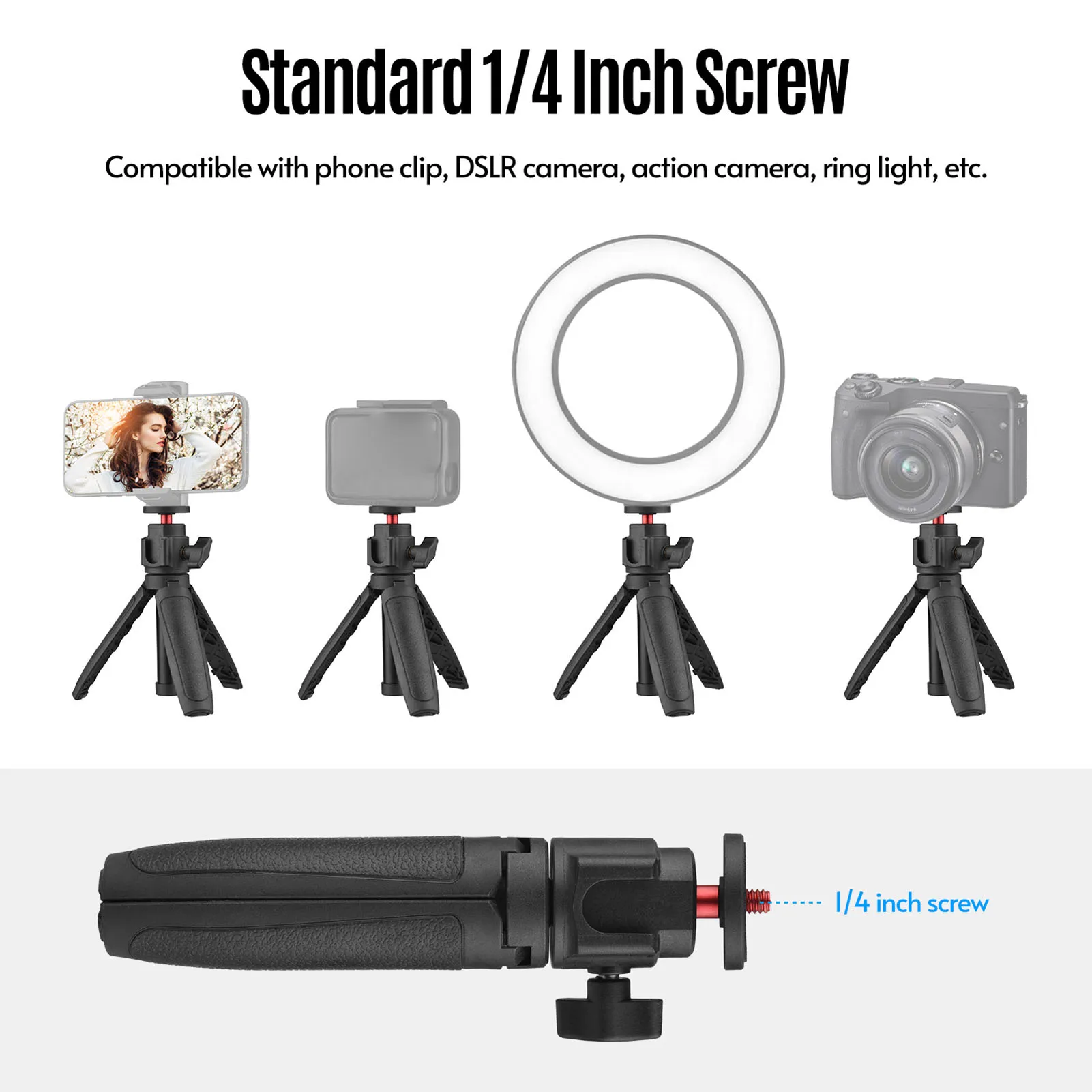 A lightweight and portable mini tripod with an expandable tripod stand and a height-adjustable handle for selfie video recording