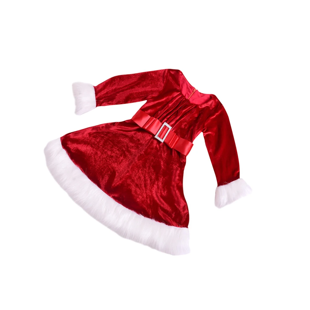 

Christmas Red Princess Dress White Furry Edge Belt Kids Girls Dresses 100cm Long Sleeve Festival Costume Party Clothes