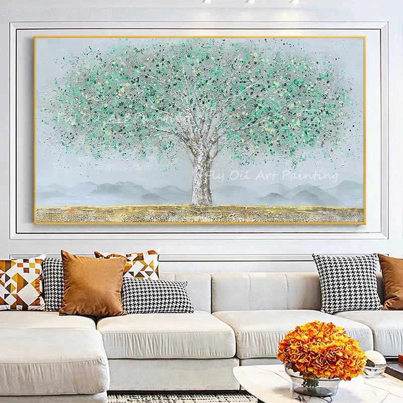 

100% Handmade large size tree green leaf and modern thick forest outside scenery Oil painting on Canvas Art Classic Cuadros Deco