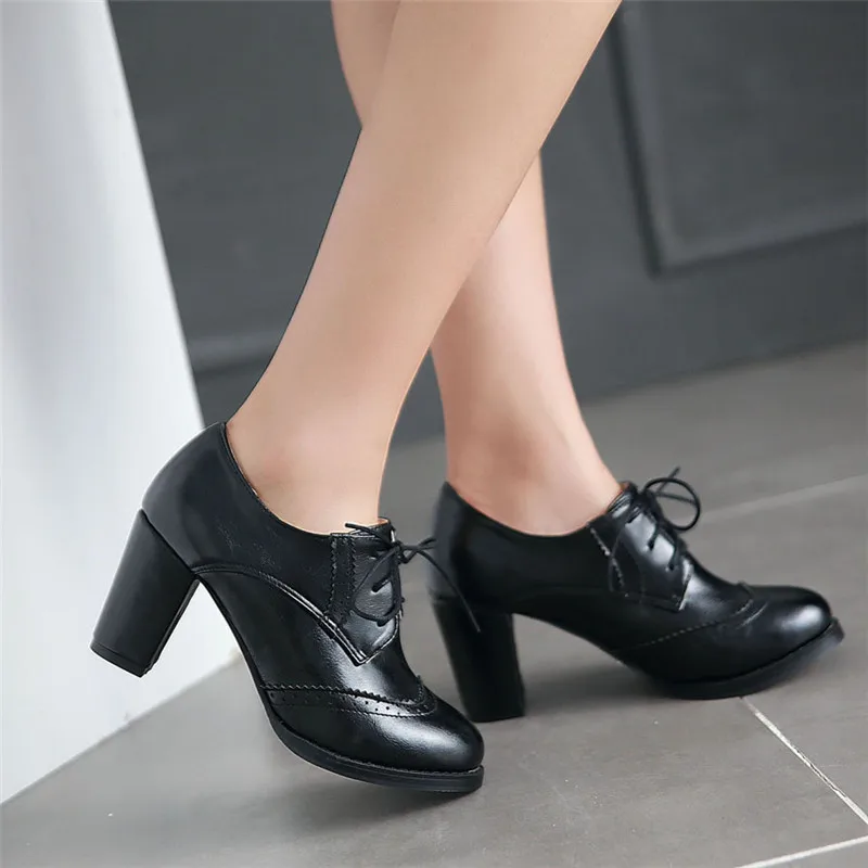 Women's Pump Vintage Brogue Shoes Chunky Heel Cut Out Oxford Shoes Woman Lace Up Leather Shoes Fashion Ladies Short Boots 32-43