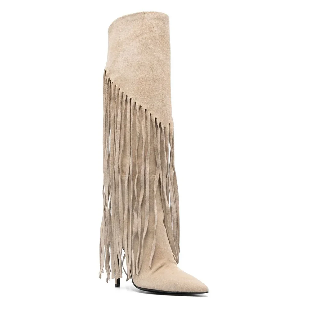 Microfiber Nubuck Leather Fringed Knee-High Boots Stiletto Pointed Toe Slip-On Botines Large Size Custom Women Botas Femininas