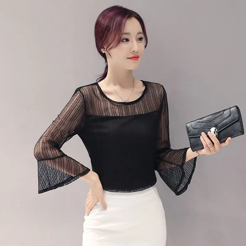 Elegant O-Neck Gauze Hollow Out Lace Flare Sleeve Blouse Women\'s Clothing 2023 Summer New Oversized Casual Pullovers Sweet Shirt