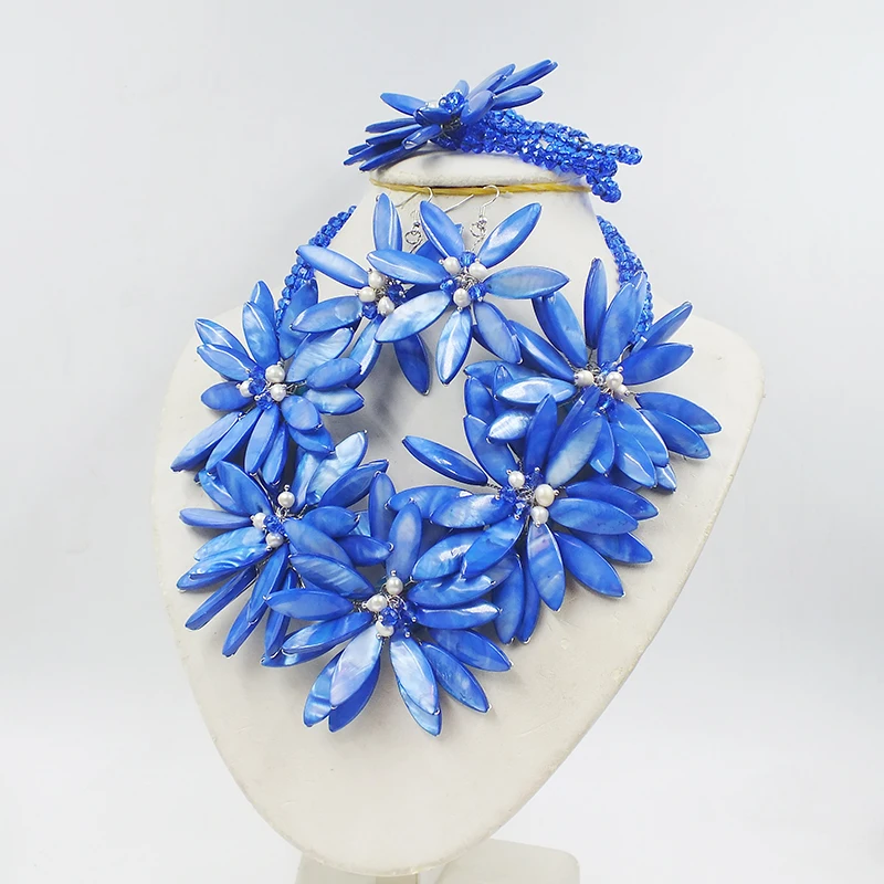 Beauty Design Blue Shell Beads Jewelry Set Flower Necklace 20\