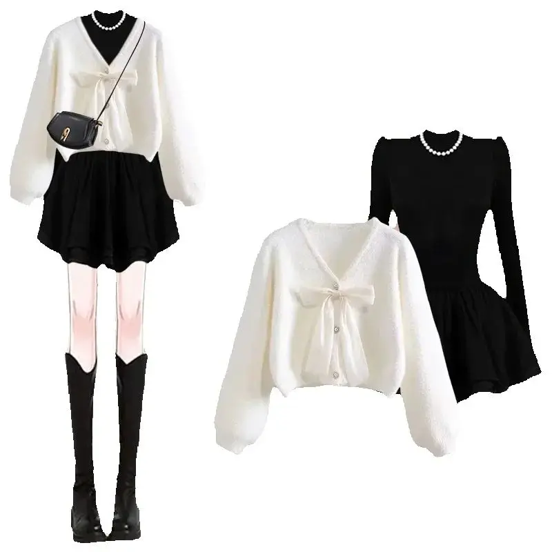 Conjunto de moda de 2 piezas para mujer, suéter suelto, vestido superior, trajes coreanos de otoño, nuevos conjuntos de falda de cintura alta