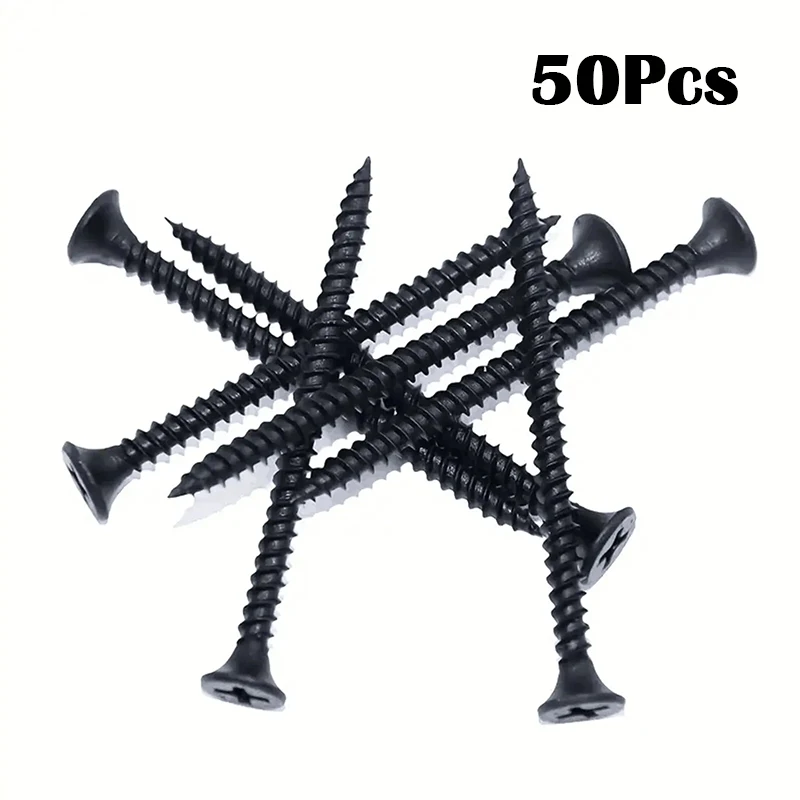 50Pcs M3.5 Black Cross Flat Head Sheet Metal Screws Drill Wood Carbon Steel Screws Suitable For Wood Furniture Maintenance