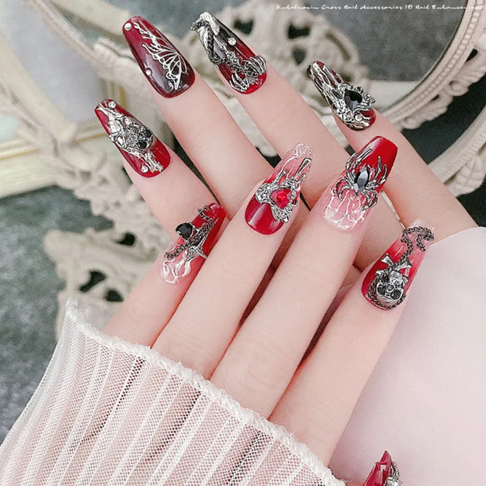 10pcs Darkness Metal Nail Charms Heart with Dark Gems Luxury Nail Decoration 3D DIY Parts Retro Style Aolly Black Heart Charm