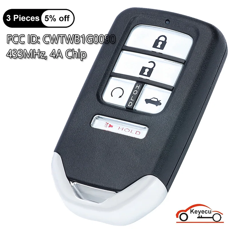 

KEYECU 5 Buttons 433MHz 4A Chip for Honda Accord 2018 2019 2020 2021 Auto Smart Remote Control Key Fob FCC ID: CWTWB1G0090