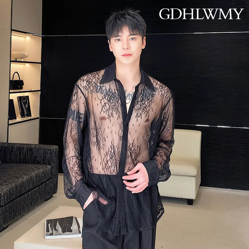 

GDHLWMY Trendy and personalized lace jacquard see through long sleeved men's and women's lapel shirts, sexy stage performance