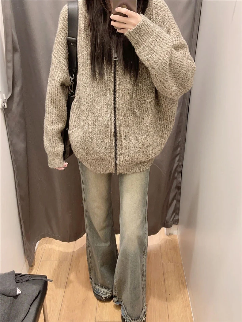 

2024 Wimter Clothing Knitwear Cardigan Coats Sueter Mujer Hooded Zipper Pull Femme Knit Thicked Fashion Oversized Sweater Tops