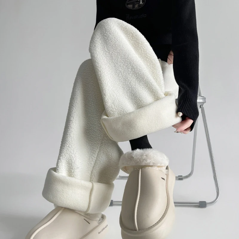 

Women Winter Warm Velvet Pants High Waist Straight Leg Pants Double Polar Fleece New Style Lazy Casual Comfort Wide Leg Pants