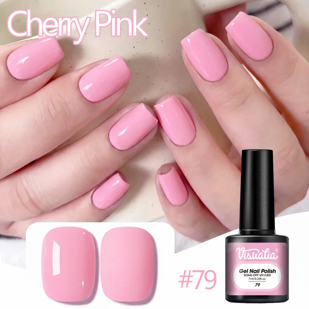 Visuatia Removable Phototherapy Nail Polish # 79, Cherry Pink Solid Color, rich and vibrant color, easy to apply, salon-grade nail polish, long-lasting, suitable for home DIY and salon manicures, it is a lively and eye-catching popular basic nail color.