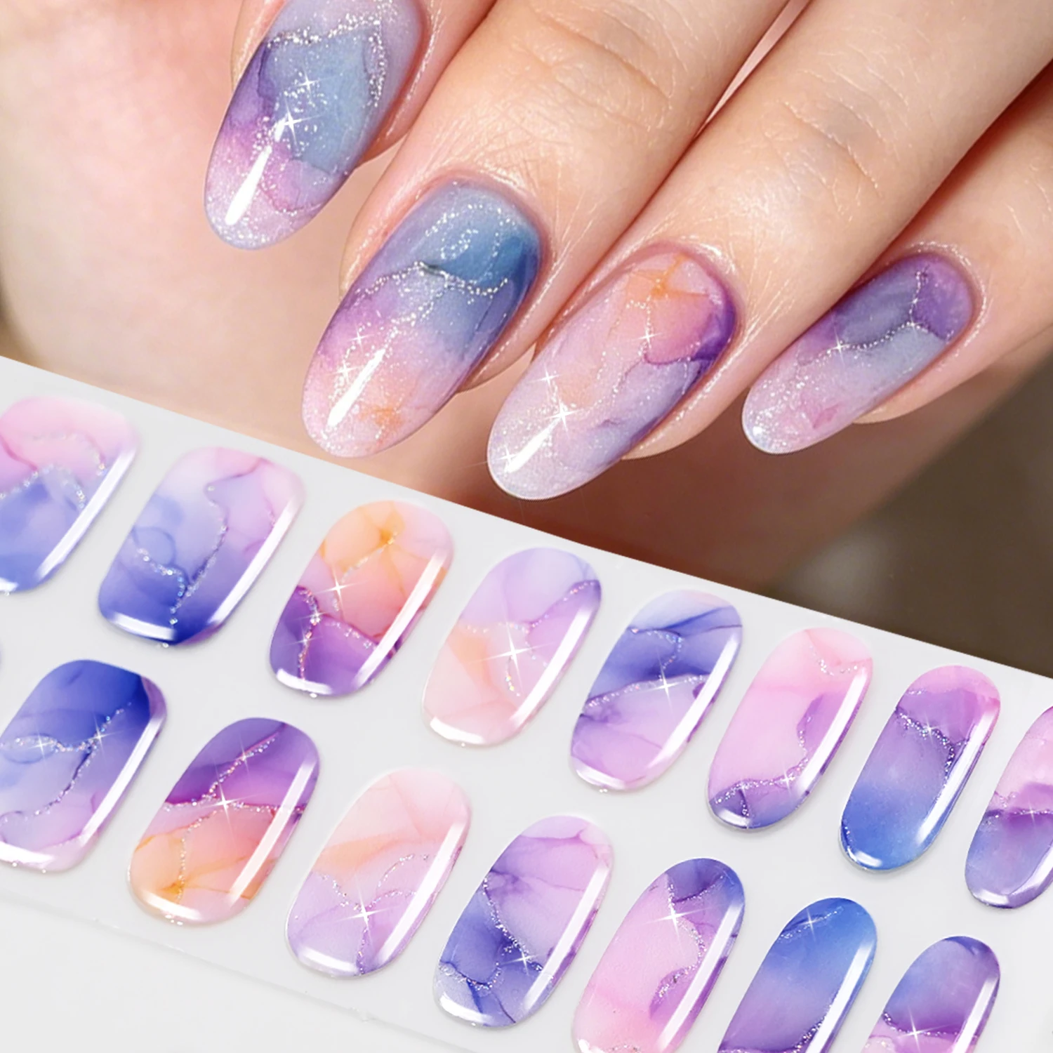 16 Tipps für Aquarell-Smudge-UV-Nagellackstreifen, Backfreie 3D-Glitzer-Marmor-Vollabdeckungs-Nagelstreifen, Selbstklebende Maniküre-Aufkleber – Detail 13