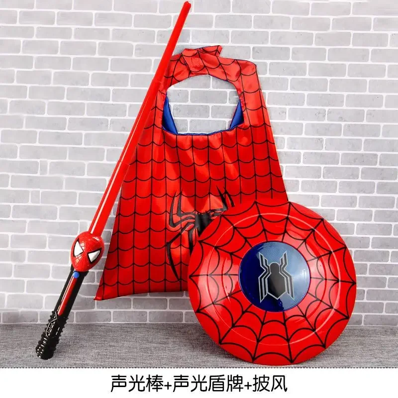 Marvel Spiderman New Cute Boy Fashion Animation Sound and Light Sword Weapon Shield Cloak Gloves Launcher Toy Birthday Gift Set