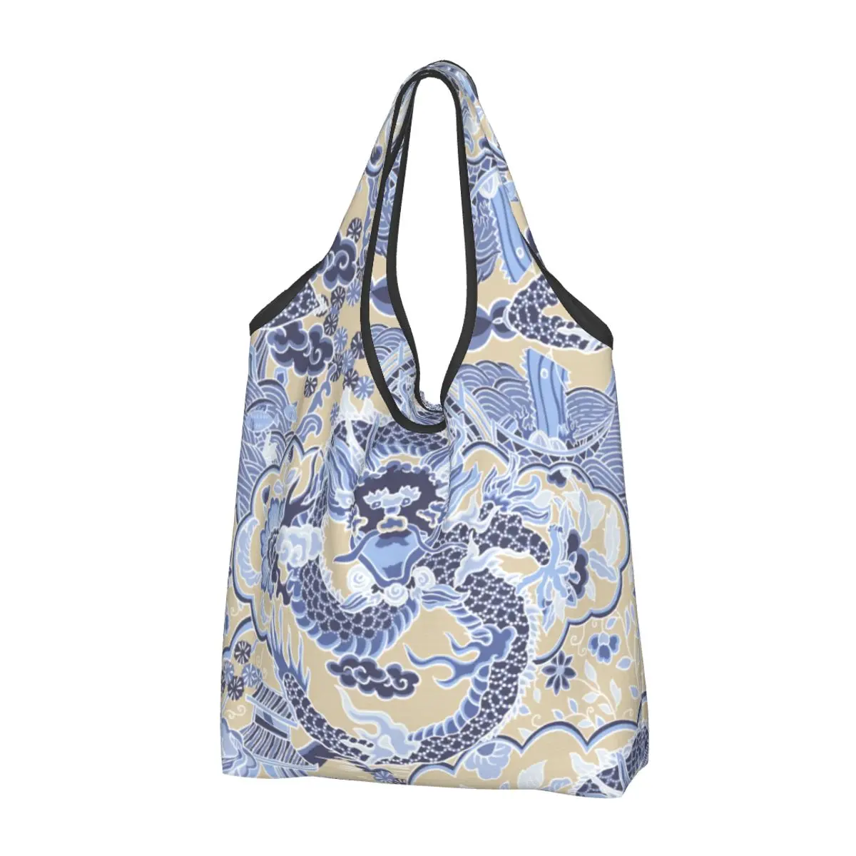 Reusable Imperial Dragon Blue Chinoiserie Shopping Bag Women Tote Bag Portable Tradition Asian Mythology Grocery Shopper Bags