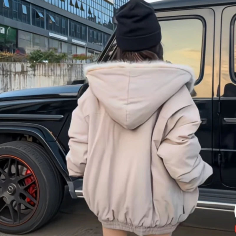 2025 Dámská zimní zahuštěná kožešinová teplá bunda s kapucí na zip, párová móda, ležérní volná bunda - náhled 2