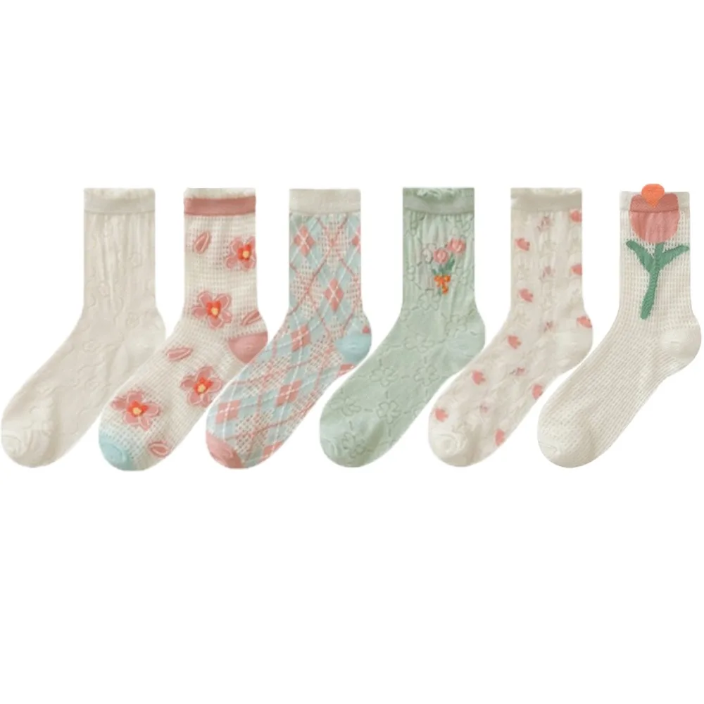 

6 пар сетчатых полых прозрачных носков с цветочным принтом, женские чулочно-носочные изделия с рюшами, носки средней длины, ультратонкие дышащие милые носки для женщин и женщин