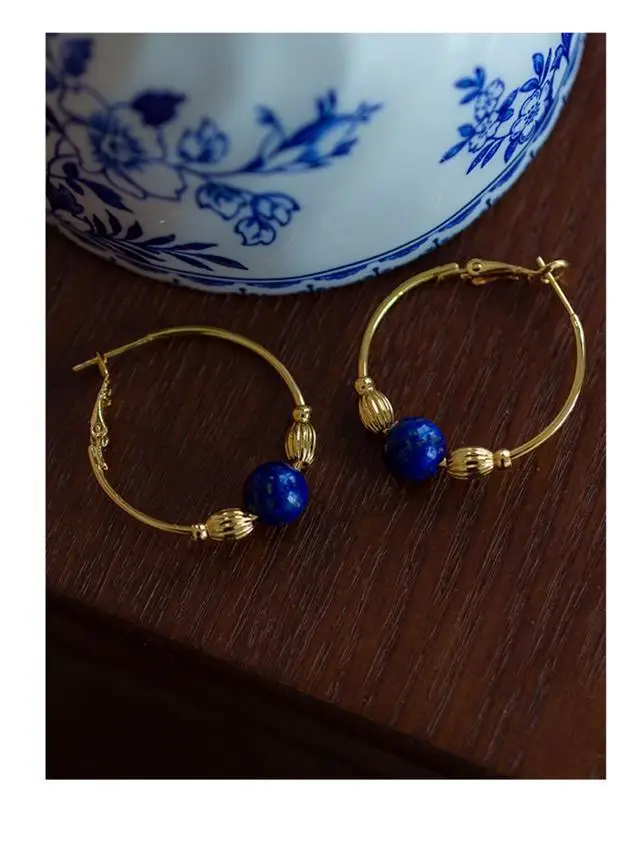 

Vintage Luxury Designer Lapis Round Ear Hoop C Shape Metal Circle Big Chunky Modern Earring For Women Ancient Rome Lapis Jewelry