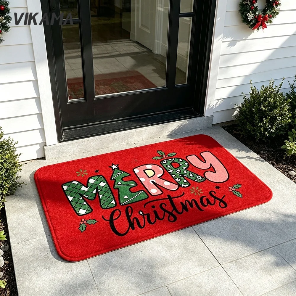 Merry Christmas Letter Print Door Mat Red Xmas Absorbent BathRug for Front Door Porch Patio Home Christmas Holiday Decoration