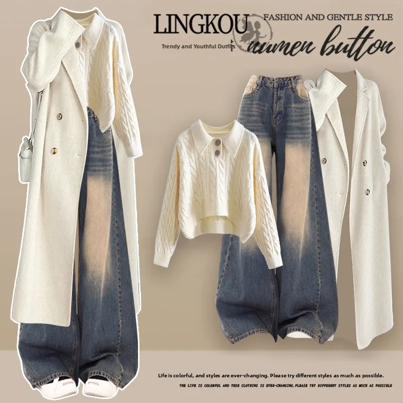 

Осенне-зимний женский корейский комплект джинсов с высокой талией, комплект футболок, длинное пальто, вязаный свитер, джинсы с высокой талией