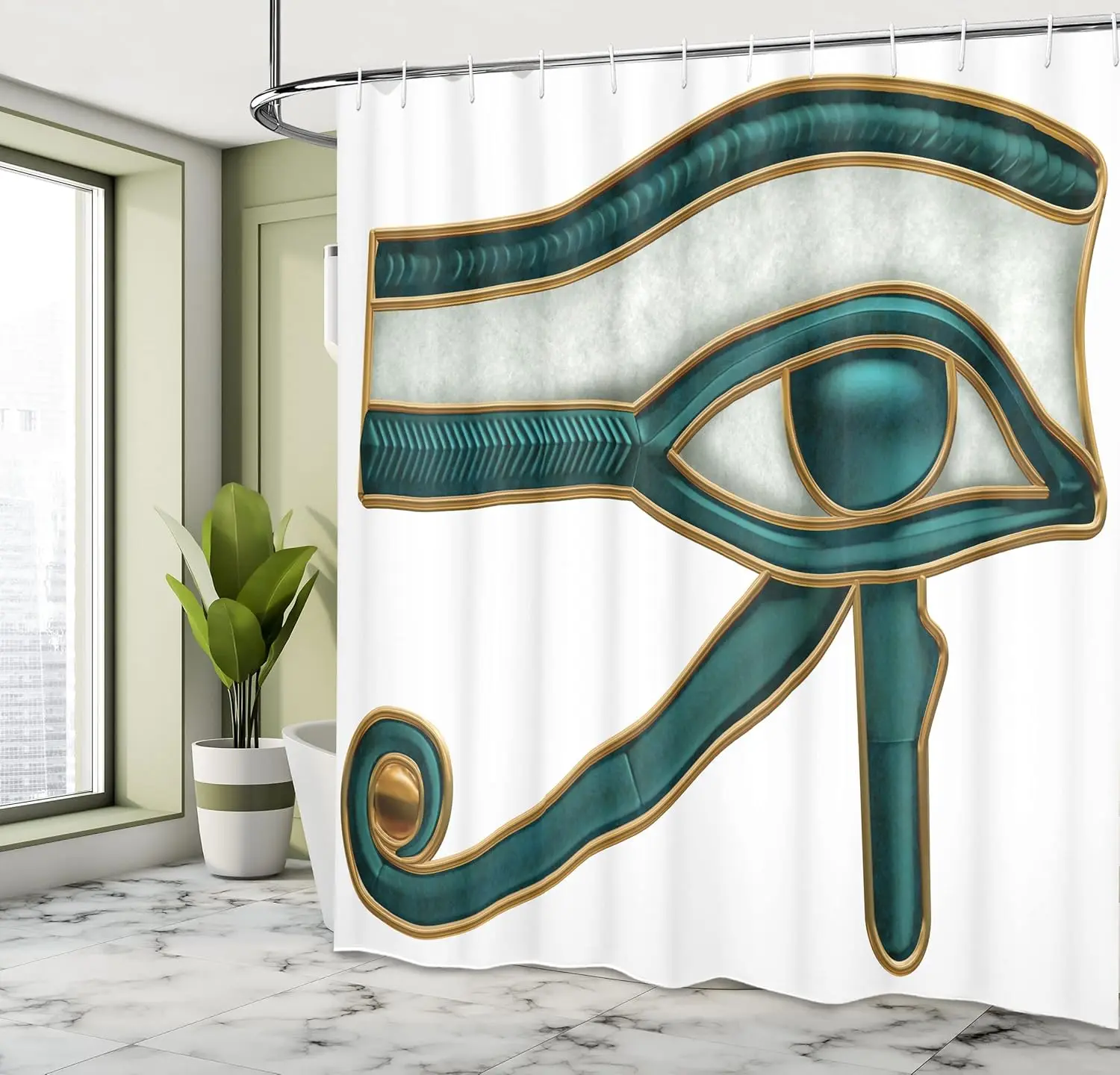 

Egyptian Eye of Horus Shower Curtain with Hooks – Ancient Protection Symbol, Emerald Green & Gold Bathroom Decor