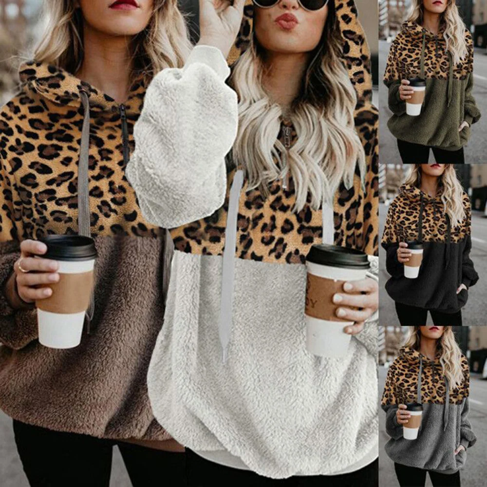 Women Leopard Print Plush Sweatshirt Hoodie With Pockets Drawstring Hood Women\'s Tops