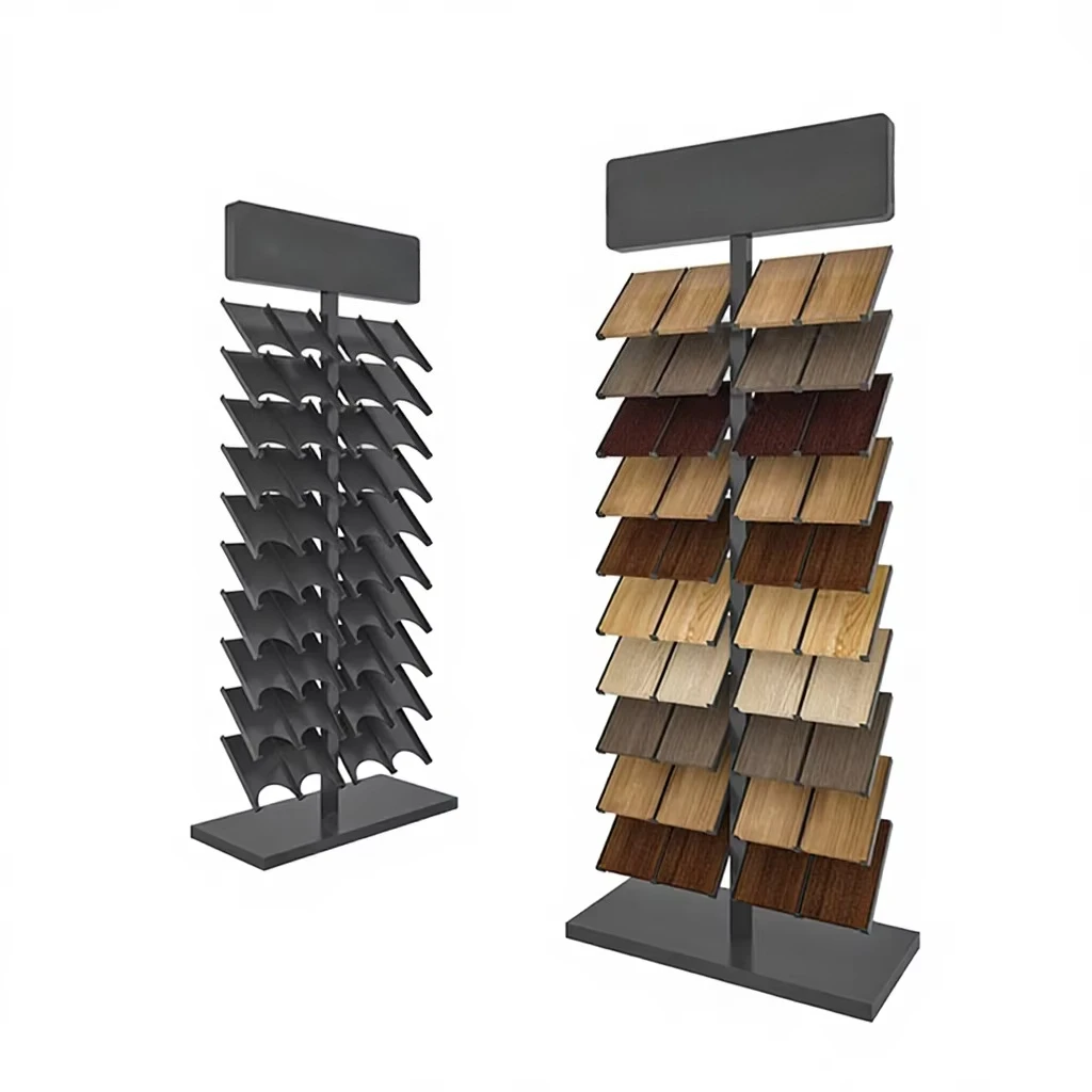 Expositor de Muestras Personalizado para Pisos de Madera, Parquet, Laminado, Piedra, Mármol, Cerámica, con Capacidad para 10 Muestras, Estante Metálico