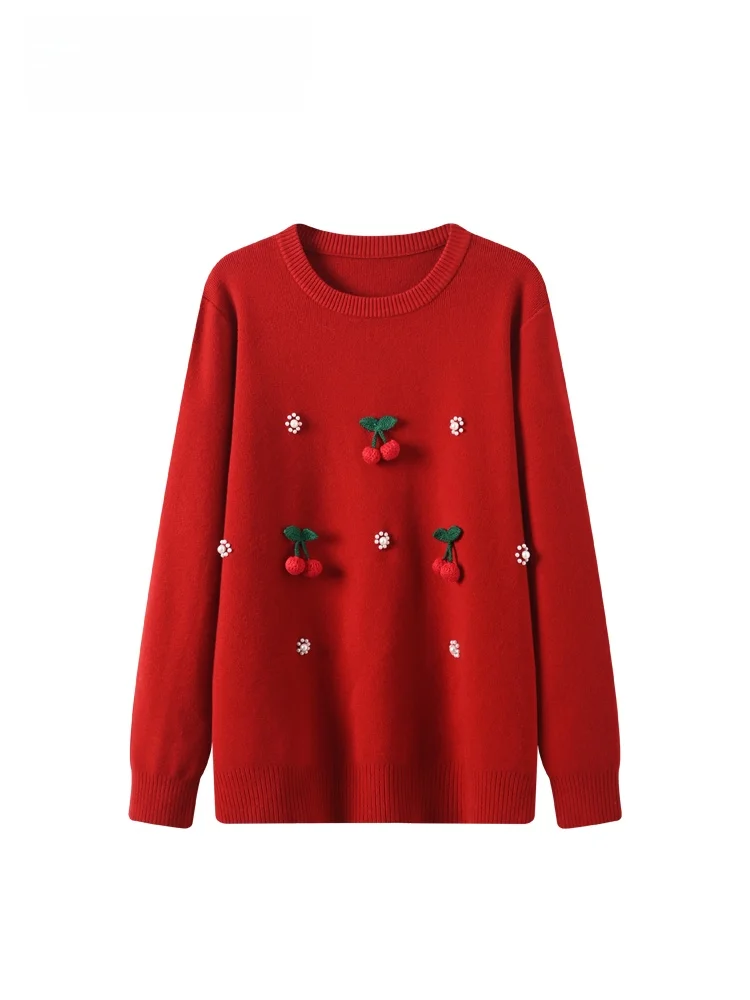 

plus Size round Ne Long Sve Sweater Women Early Spring New Sle Plump Sister Slimming Red Top Trendy Knitted Wear