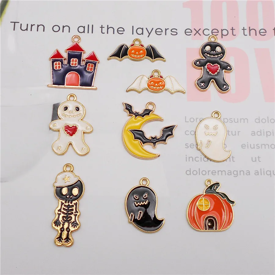 Julie Wang 10PCS Mixed Enamel Halloween Charms Cartoon Ghost Mummy Skeleton Bat Alloy Pendants Bracelet Jewelry Making Accessory