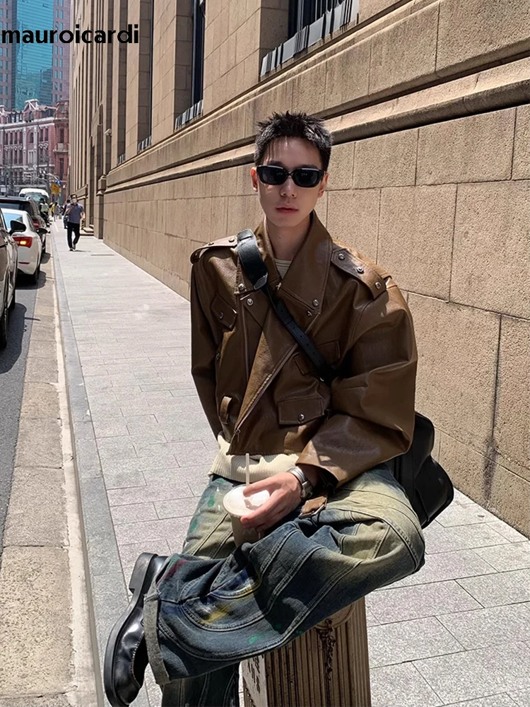 

Mauroicardi Spring Autumn Cool Short Oversized Brown Pu Leather Moto & Biker Jacket Men Luxury Designer Maillard Style Clothing