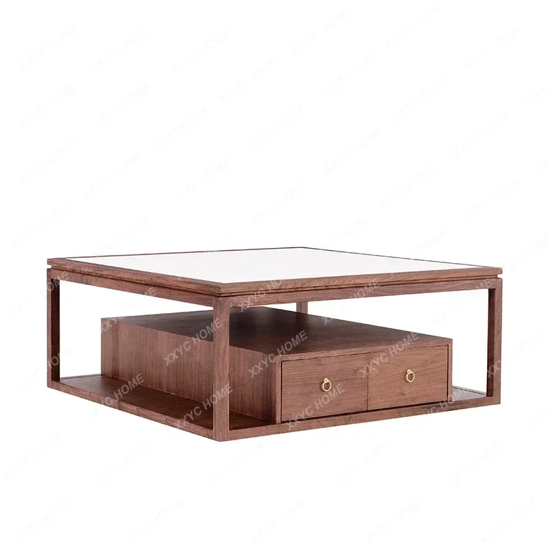 New Chinese solid wood coffee table, black walnut living room sofa rock slab tea, modern simple square tea table