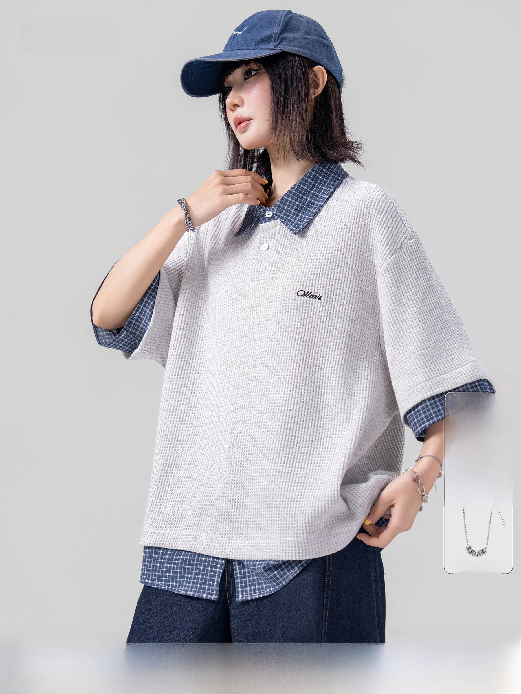 AOGZ  Short Sleeve Loose Fit Unisex Summer New Style Waffle Texture Fake Two-Piece T-Shirt Casual Fashion Breathable Cott...