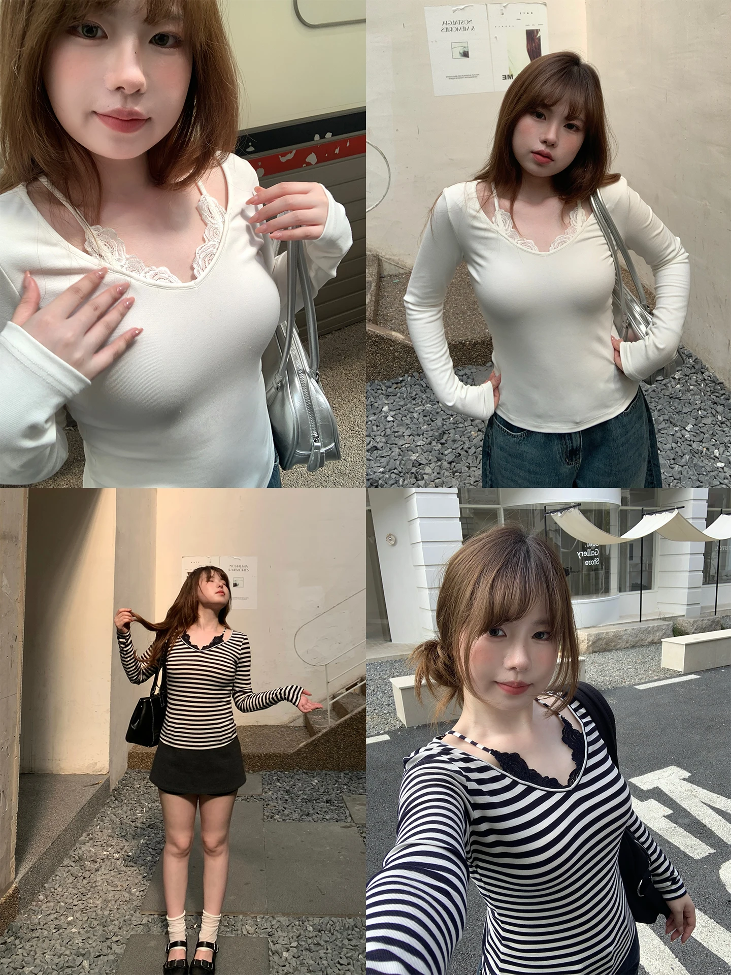 

Pure Desire Lace Base irt Long Sve Slimming Versatile Long Sve Top Daily Wear Girls Vegetable Orbs Light Wind Sequence